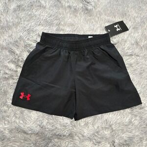 Under Armour Above The Knee Dri-fit Shorts Black Red Youth XS Boys Athletic NEW
